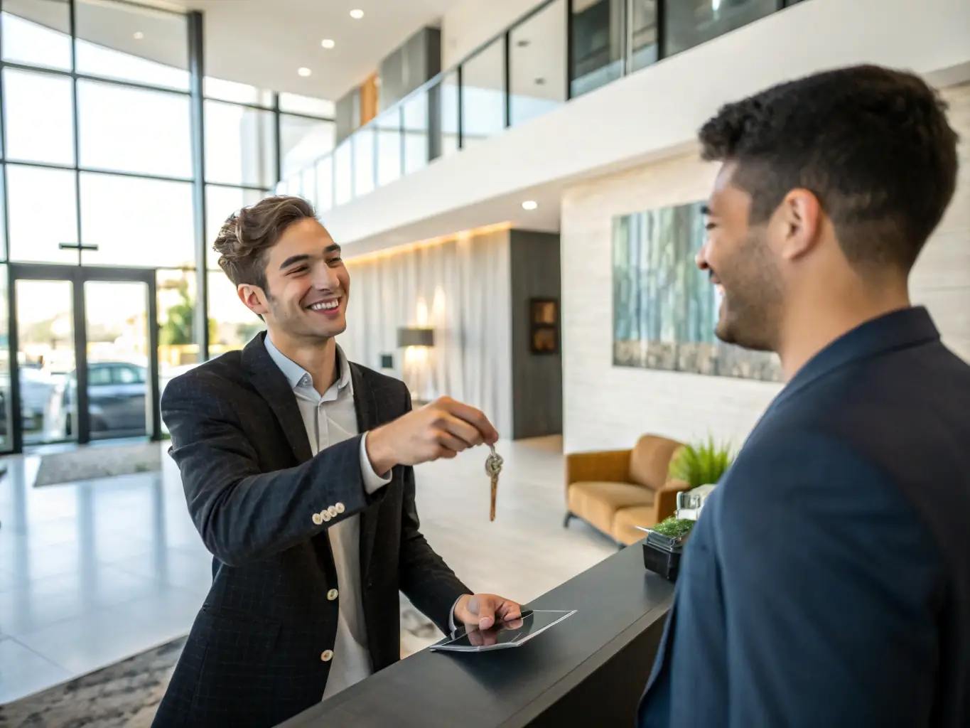 A young professional receiving keys to their new apartment from a D E Elite leasing agent, set against the backdrop of a modern Dubai skyline. The image should evoke feelings of excitement, opportunity, and a smooth, hassle-free experience.