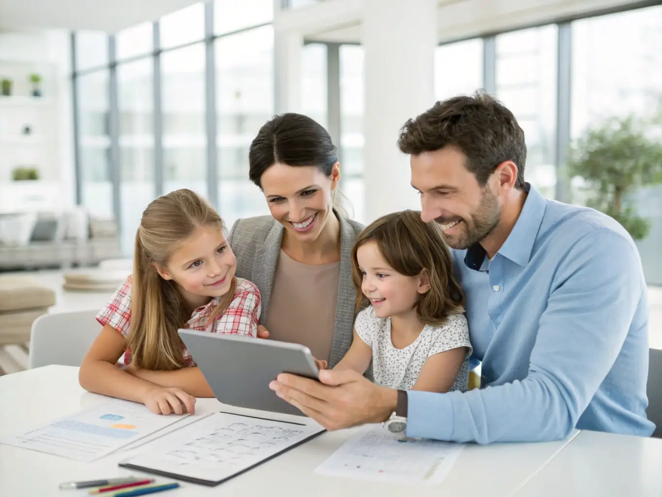 A modern family viewing a selection of properties on a tablet, discussing their options with a D E Elite real estate agent in a bright, contemporary office setting. The scene conveys trust, expertise, and personalized service.