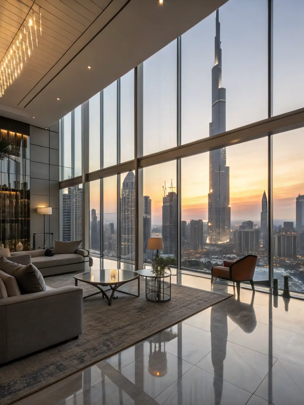 A modern apartment in Downtown Dubai with floor-to-ceiling windows offering stunning views of the Burj Khalifa, showcasing luxury urban living.