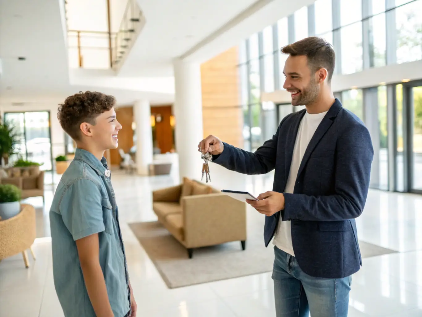 An image of a landlord handing over keys to a tenant in a stylish Dubai residence.