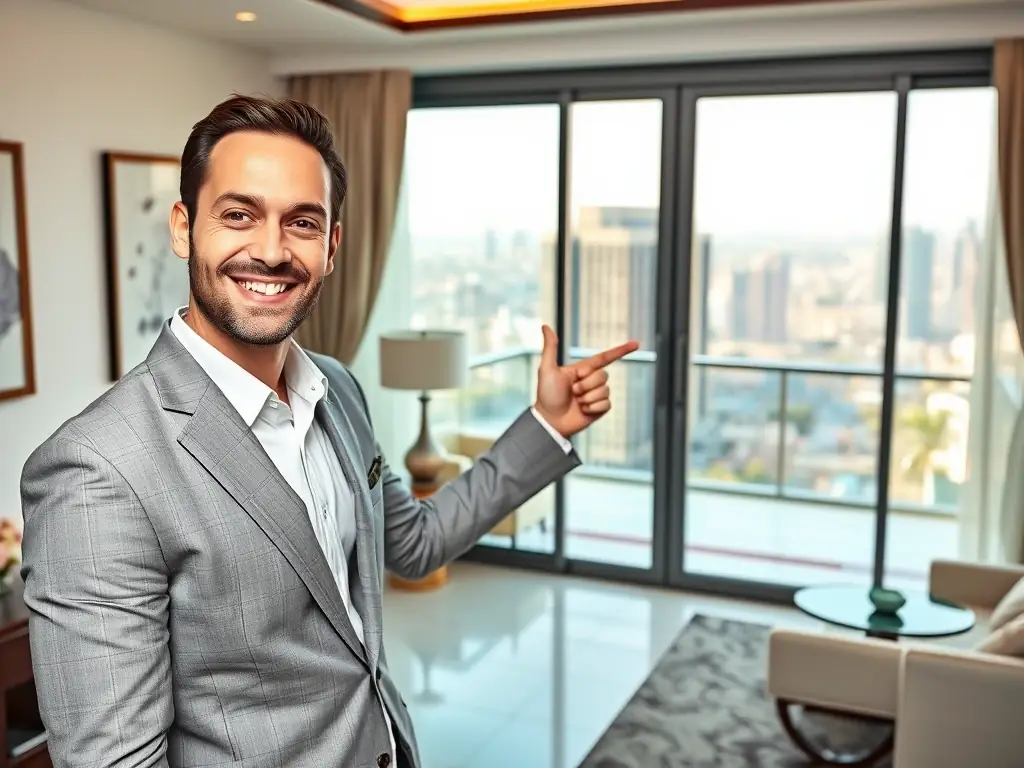 A professional agent presenting a property to prospective buyers in a modern Dubai apartment.